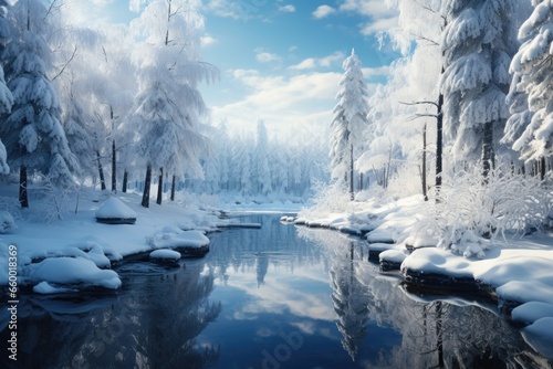 A serene winter scene with an icy pond reflecting the surrounding snow-covered trees. winter, new year, Christmas.