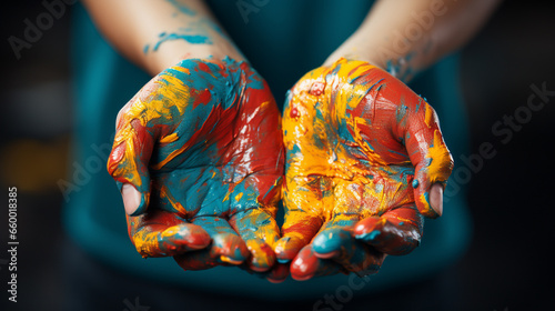 Children hands with a paint.