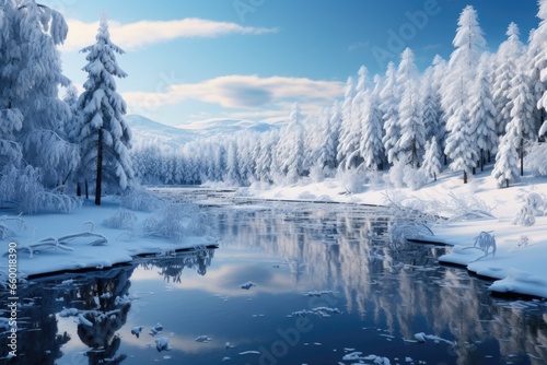Frozen Tranquility: A Serene Winter Scene Showcases an Icy Pond Framed by Snow-Covered Trees.