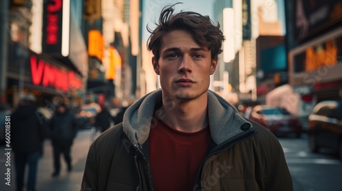 Striking photo captures a young man's tense jawline set against an urban backdrop. The image encapsulates the relentless energy and hustle of city life, mirrored in his focused expression.