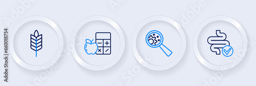Set line Intestines, GMO, Calorie calculator and Wheat icon. Vector