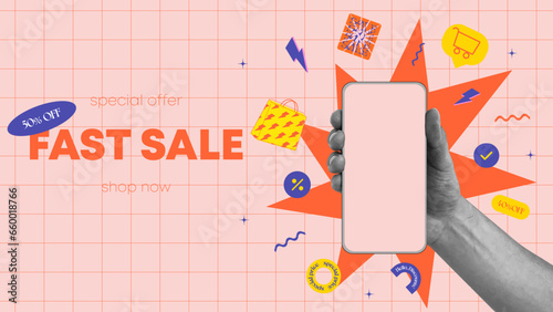 Shop online or delivery service banner concept in bright trendy colors with collage hands holding phone. vector illustration