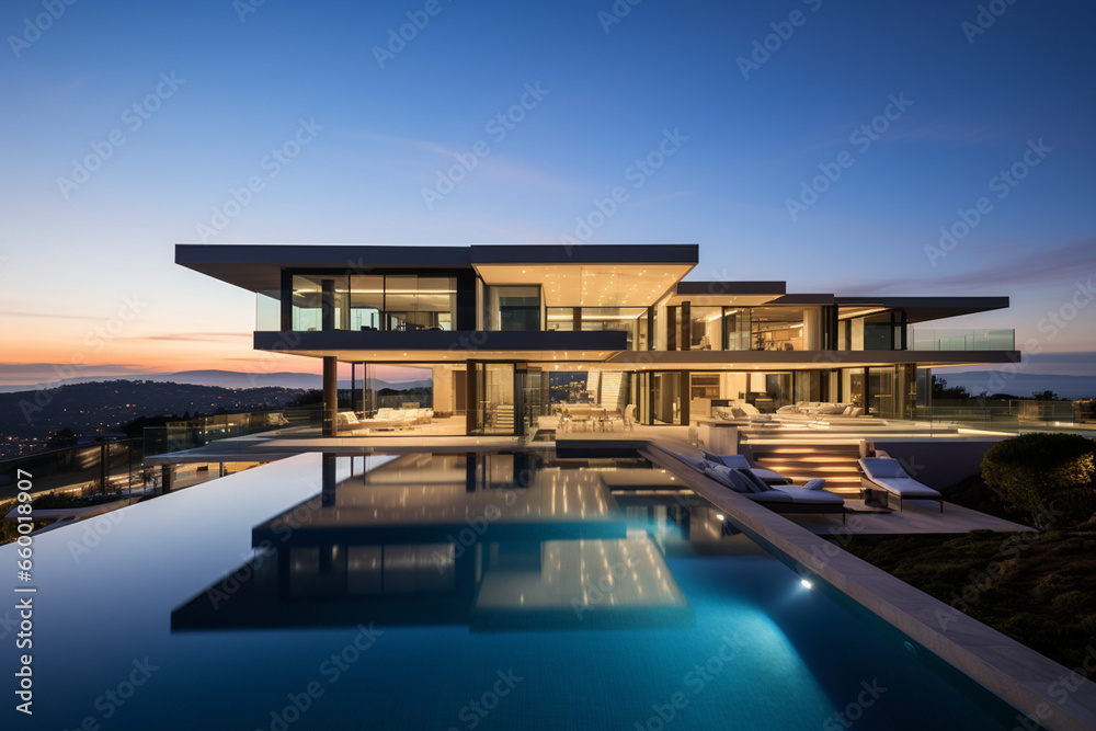 Fototapeta premium Contemporary Masterpiece: Captivating View of a Modern Villa, Expanding the Boundaries of Luxury Living with its Open-Concept Layouts
