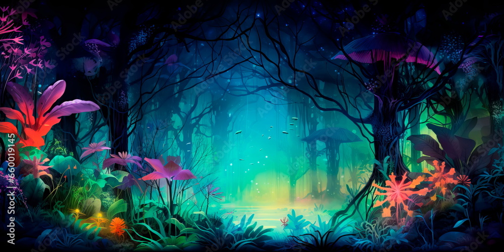 bioluminescent jungle at night, with fluorescent plants and animals creating an otherworldly, neon-lit atmosphere.