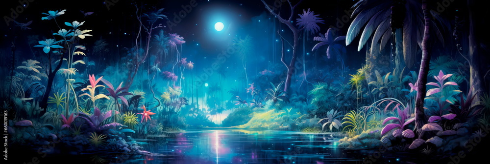 bioluminescent jungle at night, with fluorescent plants and animals creating an otherworldly, neon-lit atmosphere. bioluminescent jungle at night, with fluorescent plants and animals creating an otherworldly, neon-lit atmosphere.