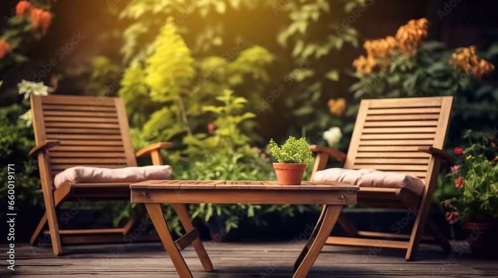picture of Chairs And Umbrella In The Garden. 3d Rendering very important person place Generative AI picture of Chairs And Umbrella In The Garden. 3d Rendering very important person place Generative AI