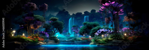 serene botanical garden at night, where bioluminescent plants and flowers emit soft, soothing glows.