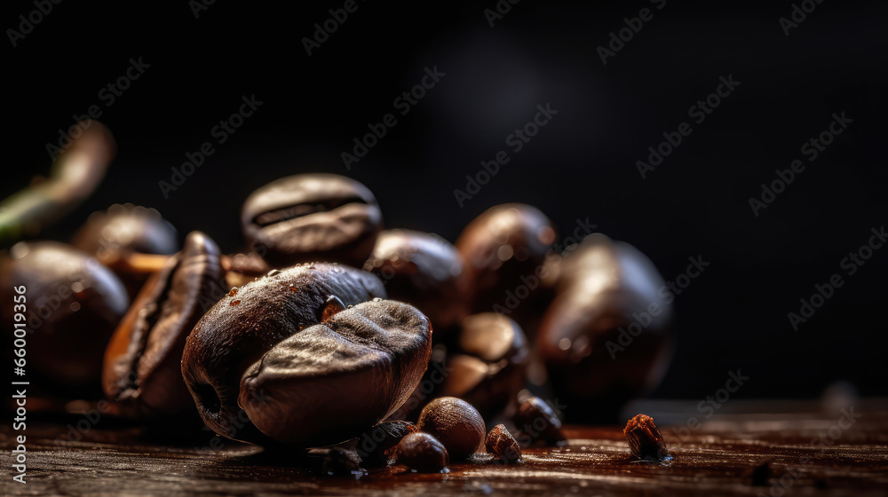 Coffee beans on wooden table with black background Coffee beans on wooden table with black background