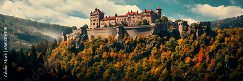 medieval castle perched on a hill, surrounded by a dense forest, with a winding river below.