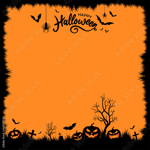 Happy Halloween message background vector design with Halloween theme, silhouette, copy space for social media post, poster, flyer, sayings, bunting, gift tags, signs, slide, frame, border, template