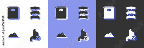 Set Human stomach health, Bathroom scales, Salt and Sports nutrition proteine icon. Vector