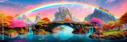 surreal watercolor-like bridge composed of vibrant rainbows that connect two fantastical worlds. photo