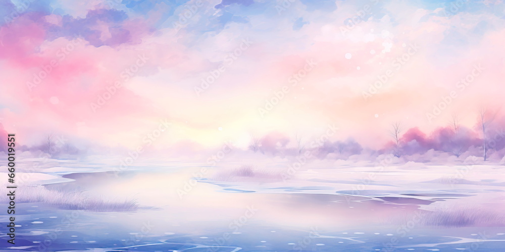 abstract capturing the delicate, pastel hues of a winter morning sky, blending soft pinks, purples, and pale blues.