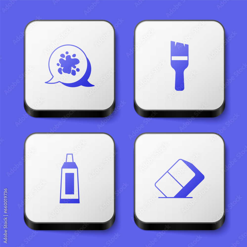 Set Paint spray, brush, Tube with paint palette and Eraser or rubber icon. White square button. Vector Set Paint spray, brush, Tube with paint palette and Eraser or rubber icon. White square button. Vector