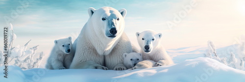 family of playful polar bears frolicking in the snow  their white fur blending seamlessly with the winter landscape.