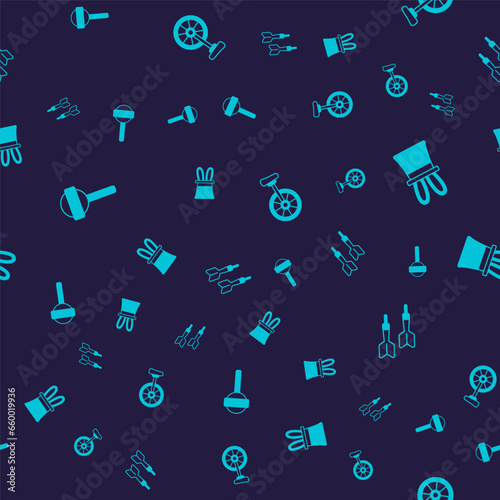 Set Lollipop, Magician hat and rabbit ears, Unicycle and Dart arrow on seamless pattern. Vector
