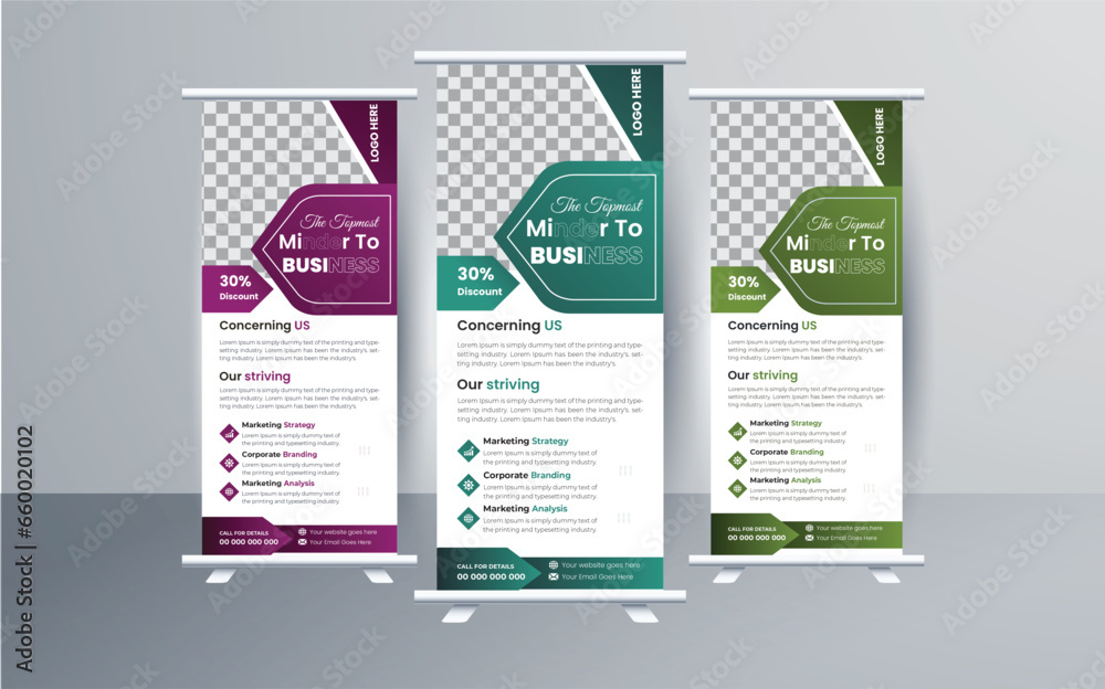 Fototapeta premium Modern business agency stands roll up banner design stands. Presentation and Brochure Flyer. Vector illustration. Business Roll Up.