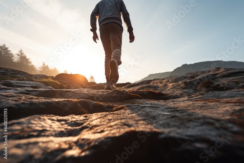 People hiking and trekking on the top of the mountain with sunlight and blue sky background. © Virtual Art Studio