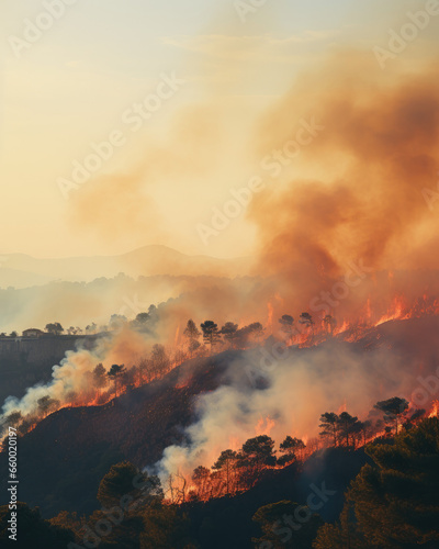 Forest fire raging in the Distance, aerial photography of a fire in mountain, dark and orange smoke