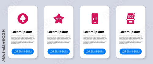 Set Slot machine, Online sports betting, Casino win and Playing card with clubs symbol. Business infographic template. Vector