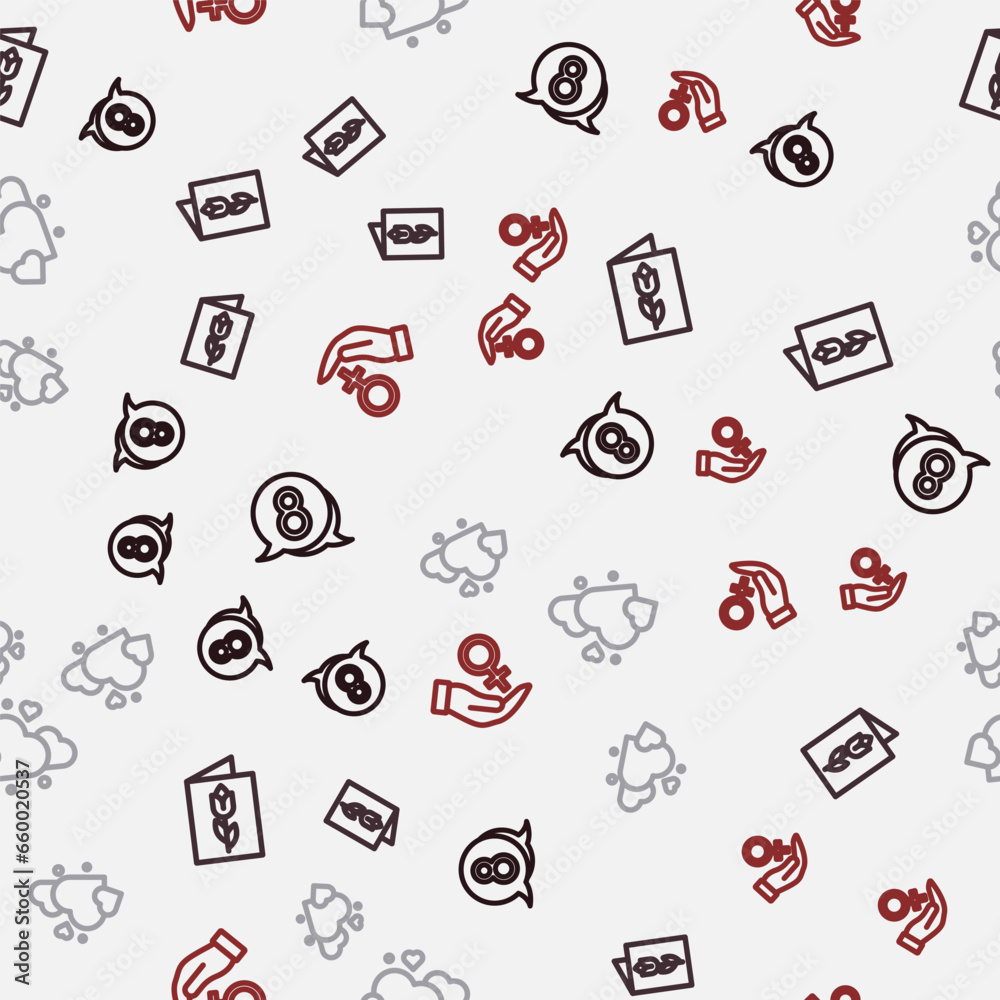 Set line 8 March in speech bubble, Greeting card with, Heart and Female gender symbol on seamless pattern. Vector Set line 8 March in speech bubble, Greeting card with, Heart and Female gender symbol on seamless pattern. Vector
