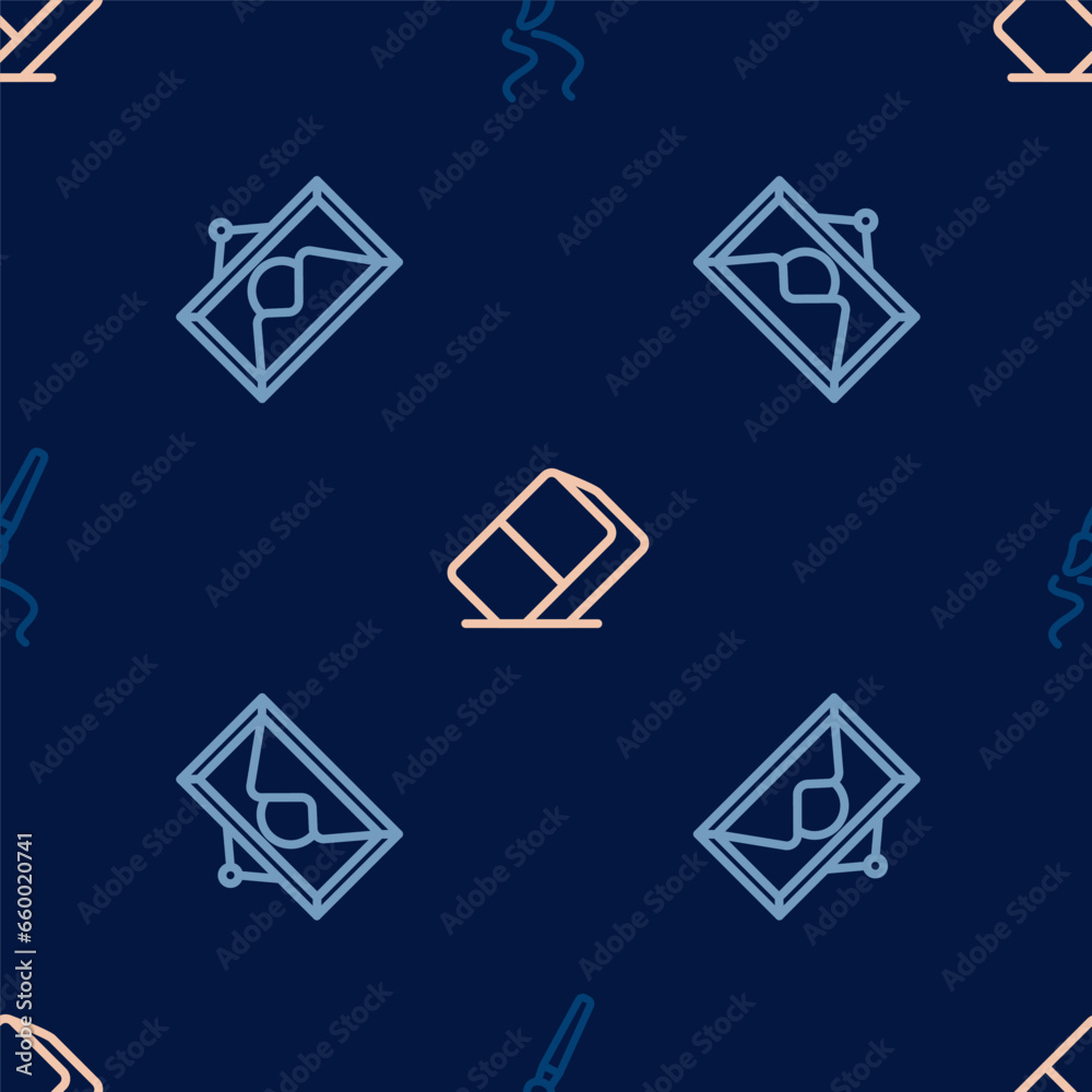 Set line Paint brush, Picture landscape and Eraser or rubber on seamless pattern. Vector Set line Paint brush, Picture landscape and Eraser or rubber on seamless pattern. Vector