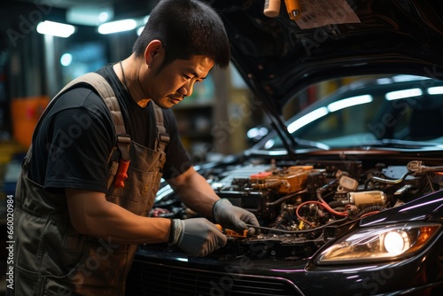 Handsome mechanic repairing car in repair shop or garage. Created with Generative AI