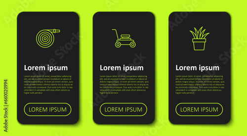 Set line Garden hose, Lawn mower and Plant in pot. Business infographic template. Vector