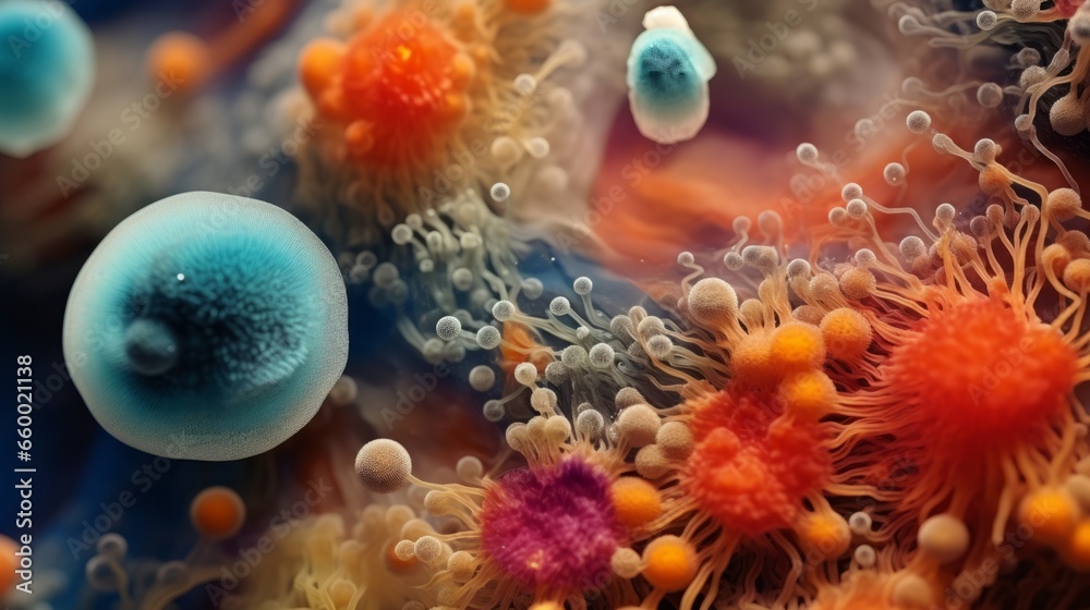 Microscopic close up microbes. Colony of microbes and bacteria Microscopic close up microbes. Colony of microbes and bacteria
