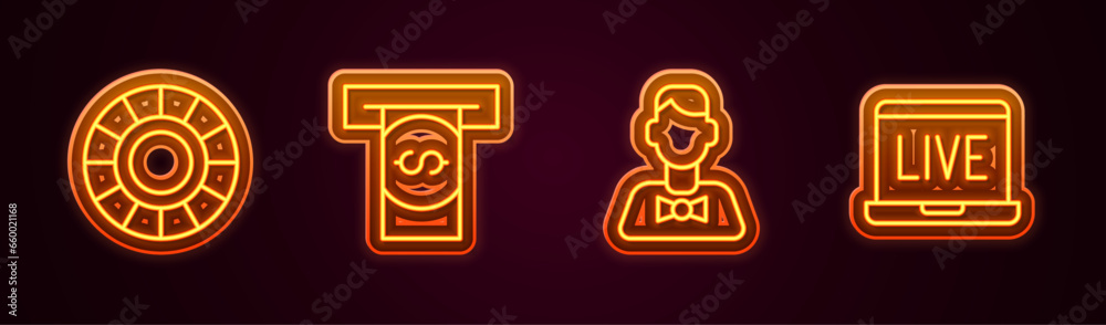 Set line Casino chips, Automated teller machine and money, dealer and Online poker table game. Glowing neon icon. Vector Set line Casino chips, Automated teller machine and money, dealer and Online poker table game. Glowing neon icon. Vector