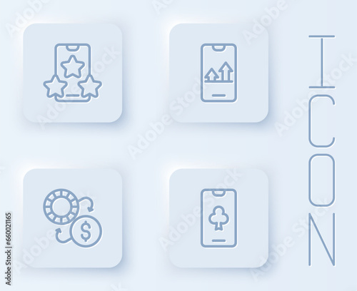 Set line Online sports betting, Casino chips exchange and poker table game. White square button. Vector