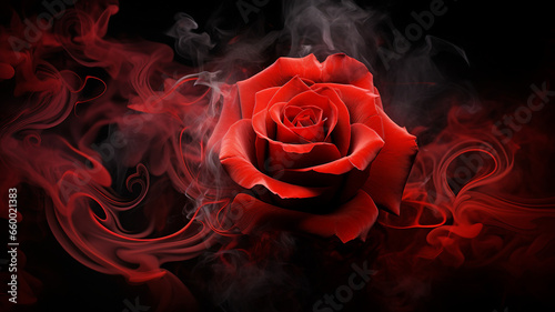 Mystical Red Rose Enveloped in Smoky Swirls on a Black Background