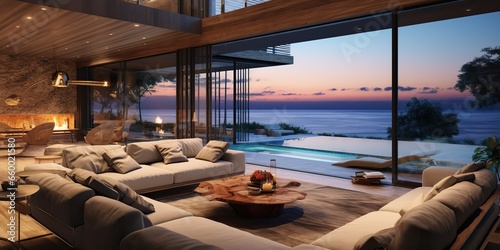 AI Generated. AI Generative. Luxury hotel villa house patio mansion style living relaxing room with big window and view on sea ocean landscape background.  Graphic Art © AkimD