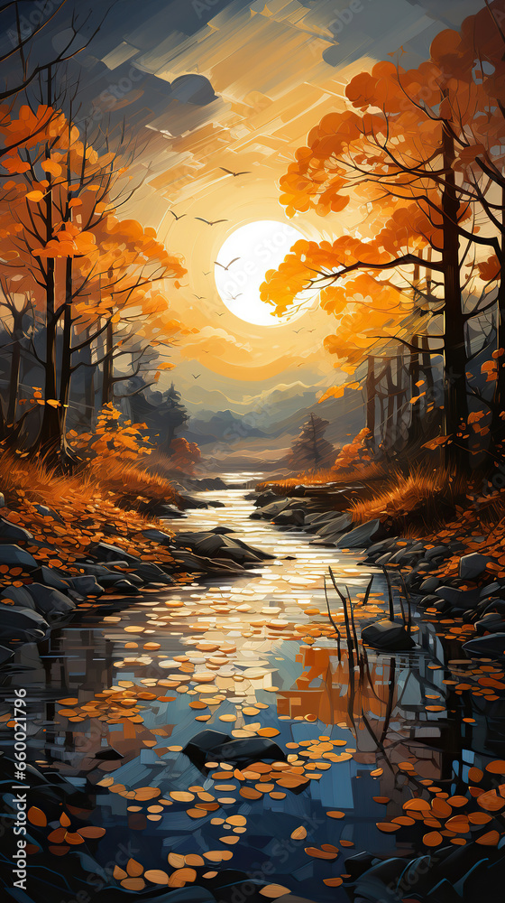 Autumn Serenity: A Stream Through the Forest,autumn,sunset in the forest