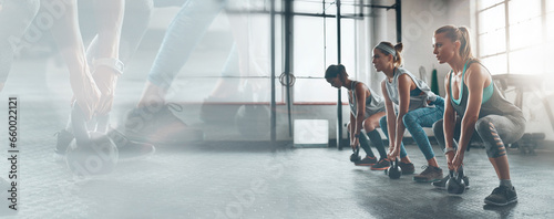 Fitness, banner and squat, women in gym together for workout commitment and weight lifting on mockup. Overlay, exercise club and woman in class with kettlebell challenge, power and double exposure