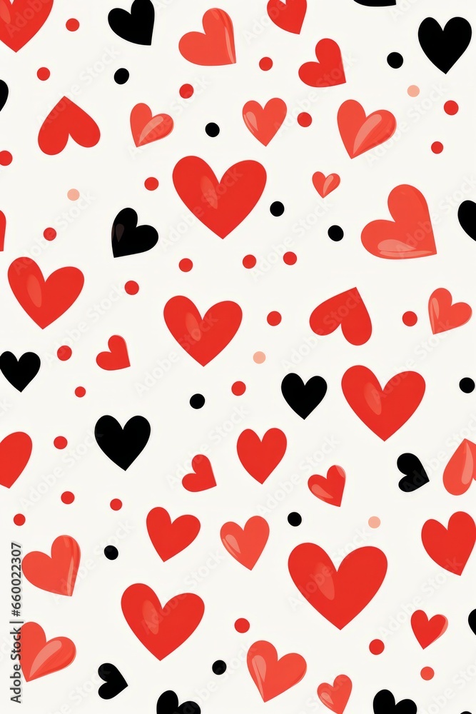 Pattern with big red and small black hearts on a white background. Top view, flat lay. Valentine's Day, anniversary.