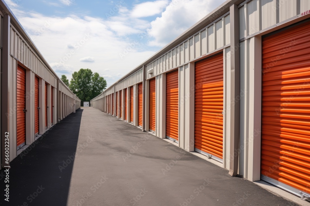 row of locked rental storage units in a facility