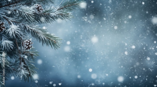 Winter background with pine branches and falling snowflakes, generative ai © OP38Studio