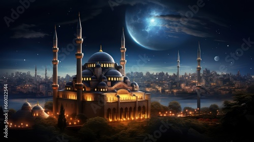 Night view of the mosque overlooking the city lights and the strait