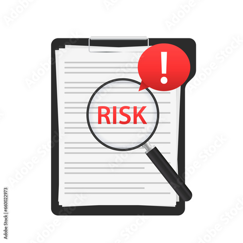 Risk assessment concept with form and magnifier. Document on white isolated background. Assessment data sign business concept. Identification analysis. Vector illustration