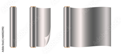 Realistic aluminum foil roll, icon. 3D Roll Of Silver Aluminium Kitchen Foil Packaging. Isolated on white background. Vector illustration