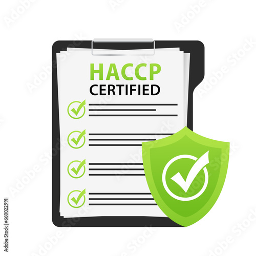 HACCP. Hazard Analysis Critical Control Points icon with award or checkmark. Certificate form. Vector illustration