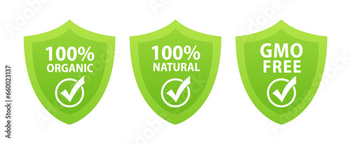 Safe food. 100% natural, 100% organic, GMO free - tag for healthy food, vegetarian nutrition in modern leaf shape - vector sticker set. Vector illustration