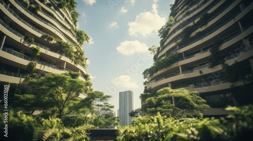 Green skyscraper building with plants growing on the facade. Ecology and green life in the city, urban environment concept. Park in the sky, one central building of the park