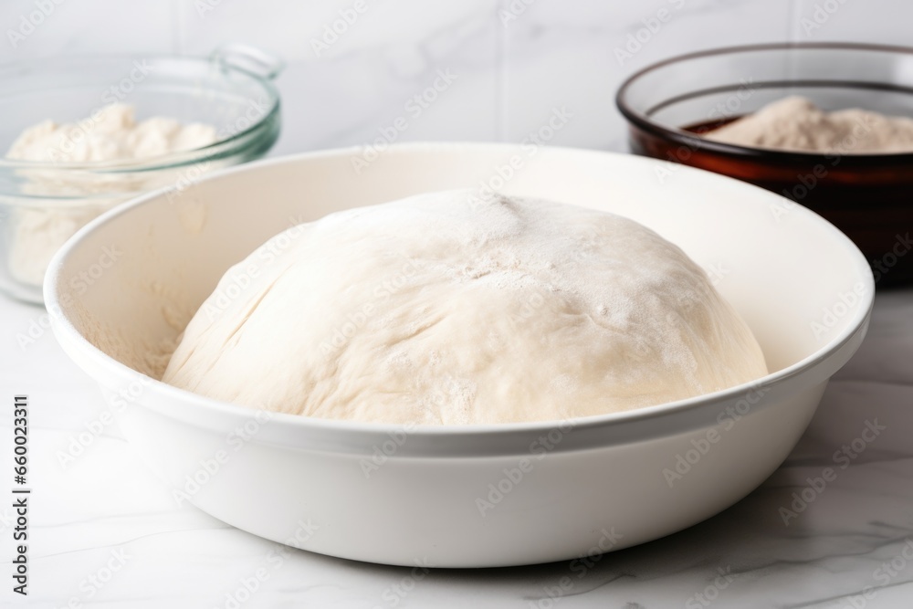 dough rising in a covered bowl