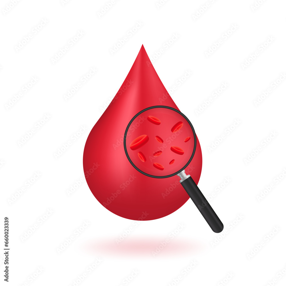 Red shiny blood drop isolated on white background. Hematology concept