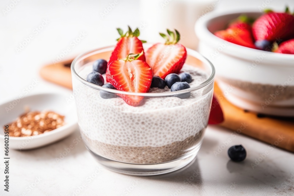 a small bowl filled with overnight chia seed pudding a small bowl filled with overnight chia seed pudding