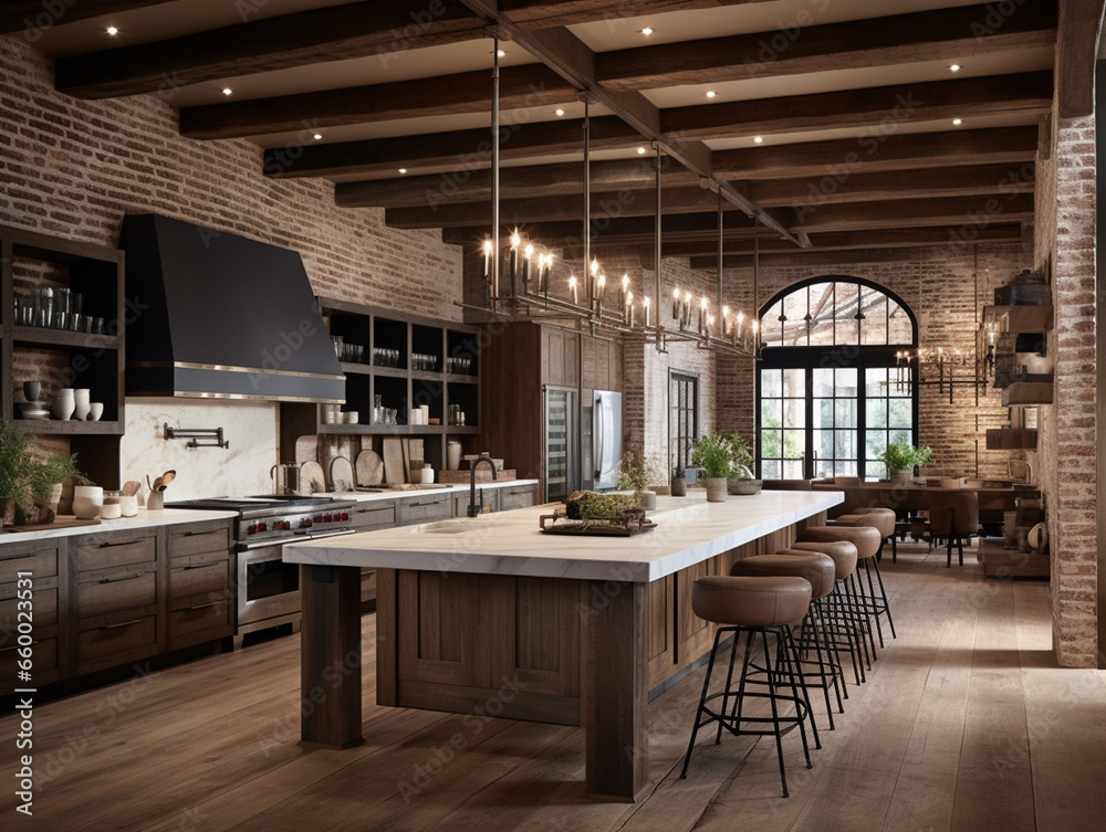 Captivating Harmony of Rustic and Modern: Enchanting Kitchen Bathed in Ambient Lighting