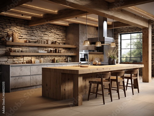 Captivating Harmony of Rustic and Modern  Enchanting Kitchen Bathed in Ambient Lighting