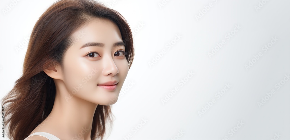 Portrait of young happy Chinese woman looks in camera, Skin care beauty, skincare cosmetics, dental concept isolated over white background. Portrait of young happy Chinese woman looks in camera, Skin care beauty, skincare cosmetics, dental concept isolated over white background.